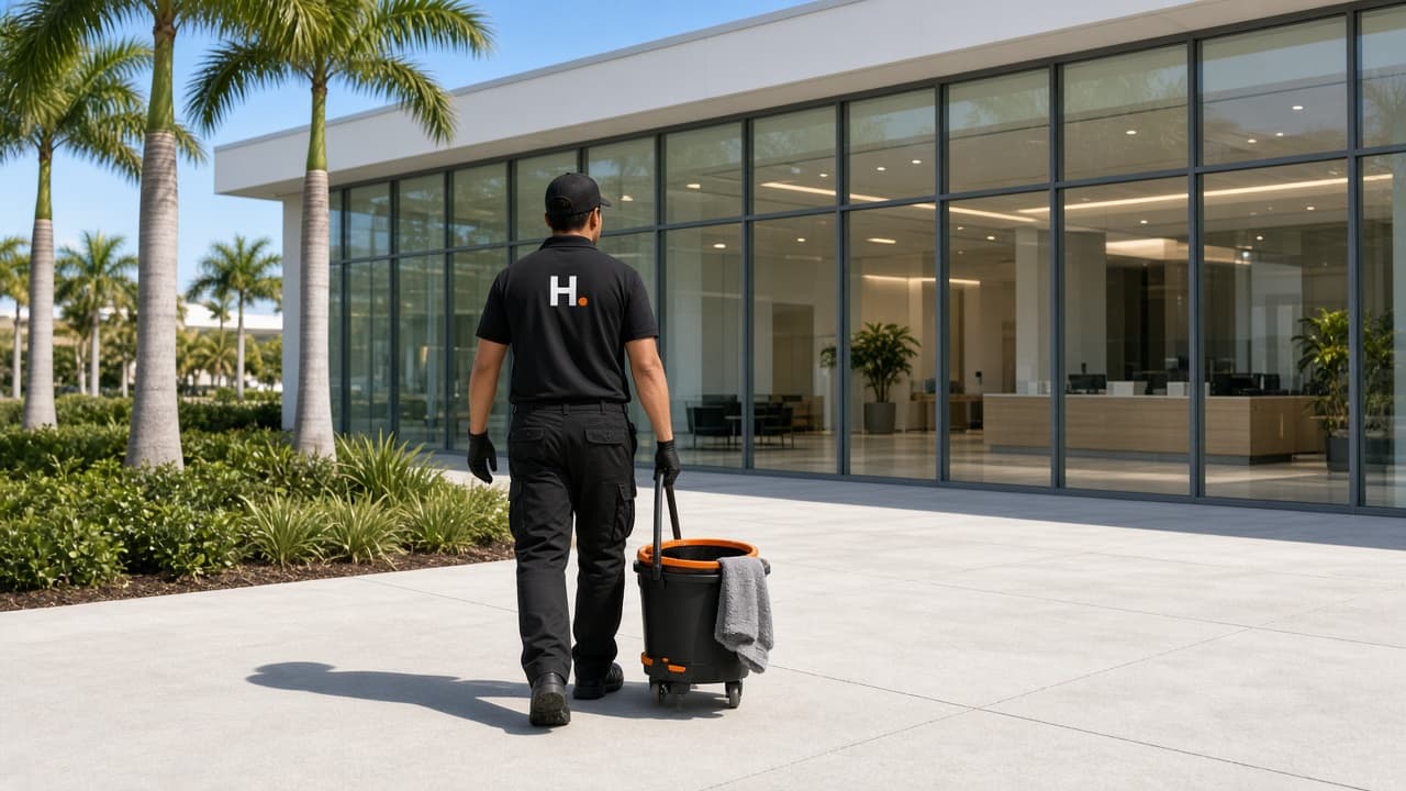 HANDLD technician arriving at a commercial facility with service equipment