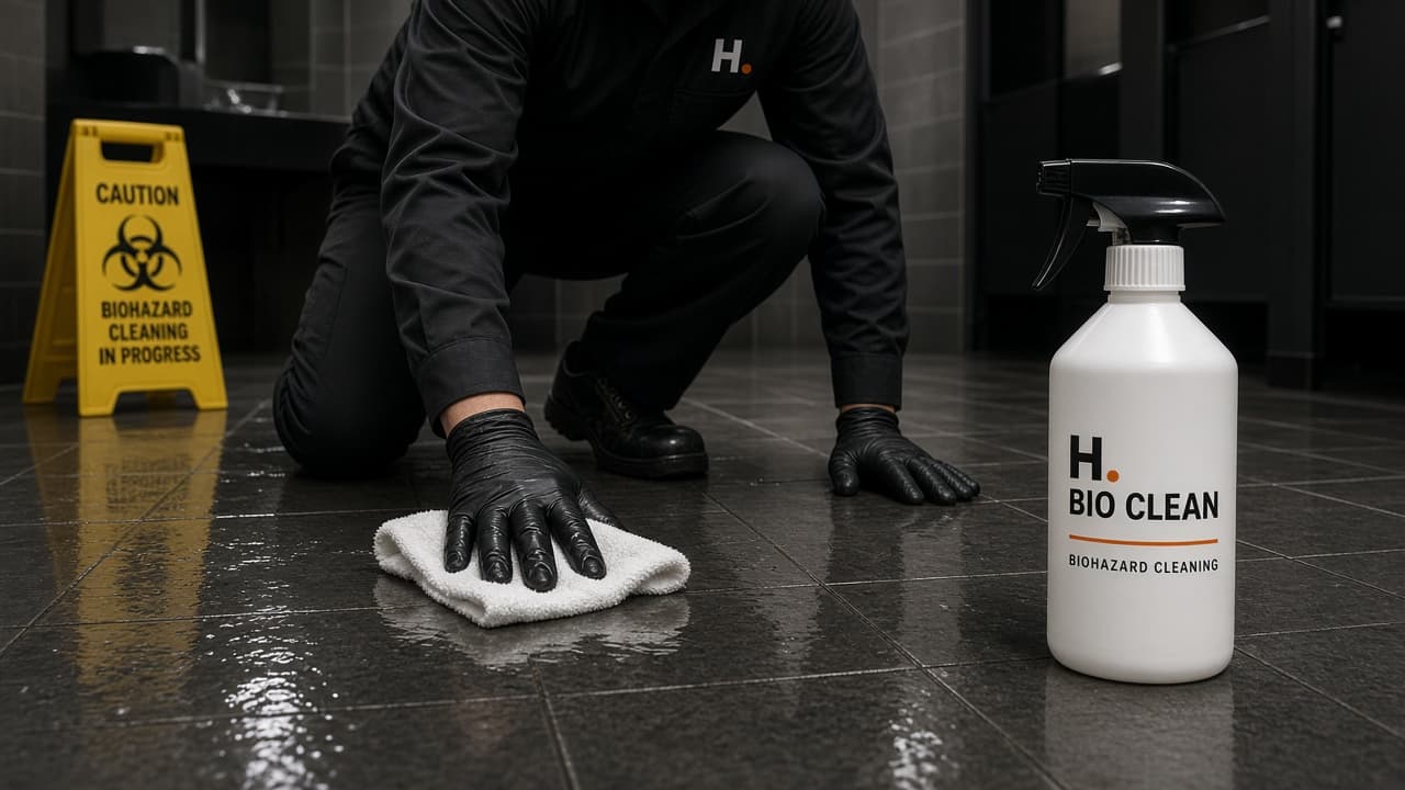 HANDLD technician performing a biohazard cleanup on a commercial restroom floor