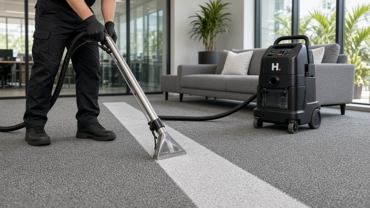 HANDLD technician extracting a clean path through commercial office carpet