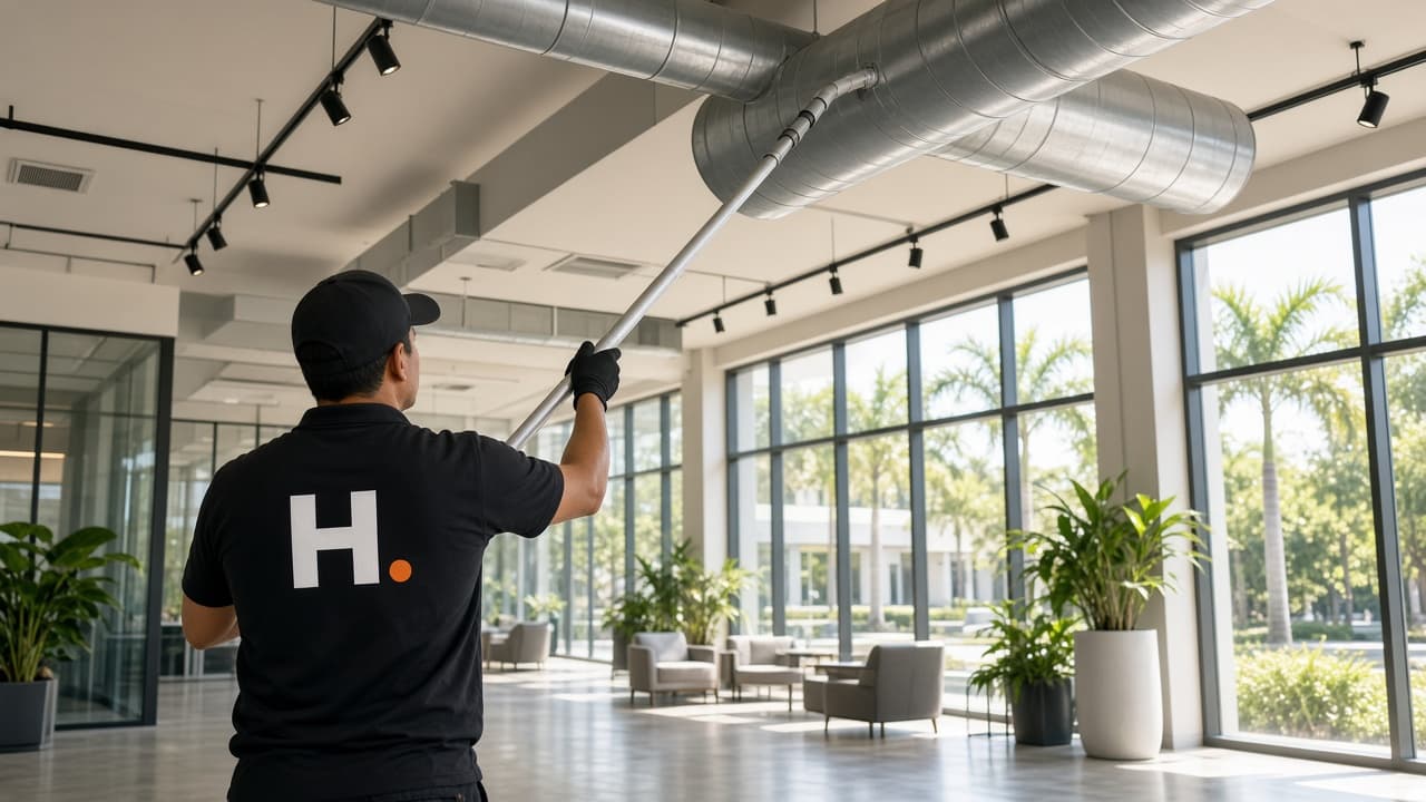 HANDLD technician high-dusting HVAC ductwork in a commercial lobby