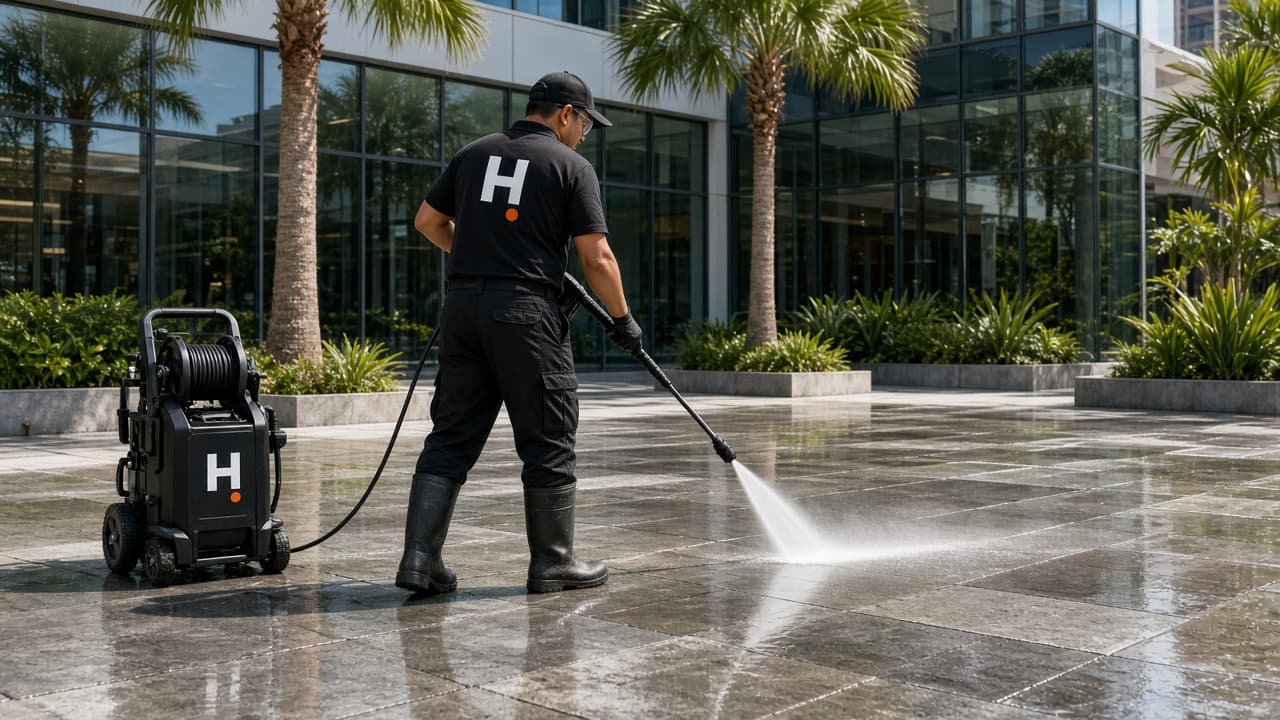 HANDLD technician pressure washing a commercial plaza in front of a glass storefront