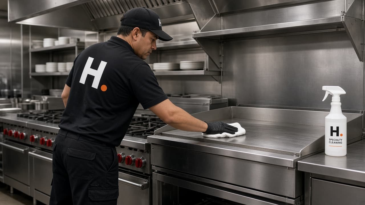 HANDLD technician cleaning a commercial kitchen flattop and stainless line