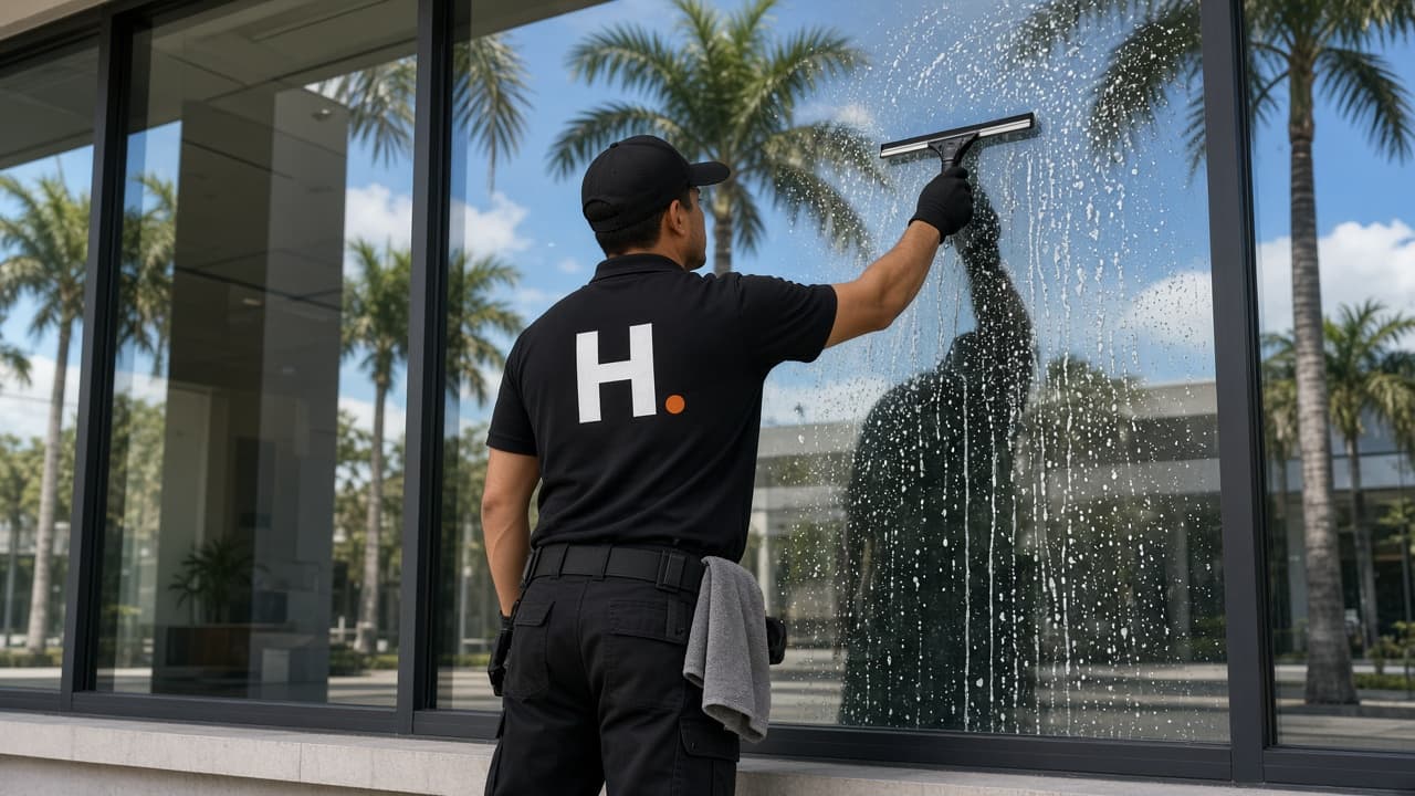HANDLD technician squeegeeing a commercial storefront window